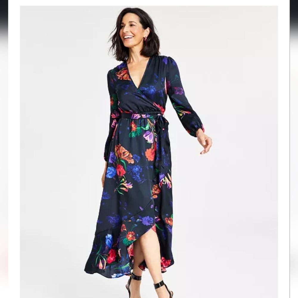 I.N.C. International Concepts Sz XS 2 4 Floral-Print Wrap Maxi Dress Black